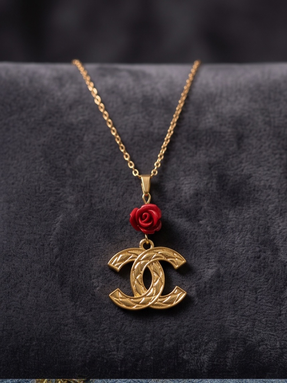 Gold Stainless Steel Necklace with Red Rose Pendant.
